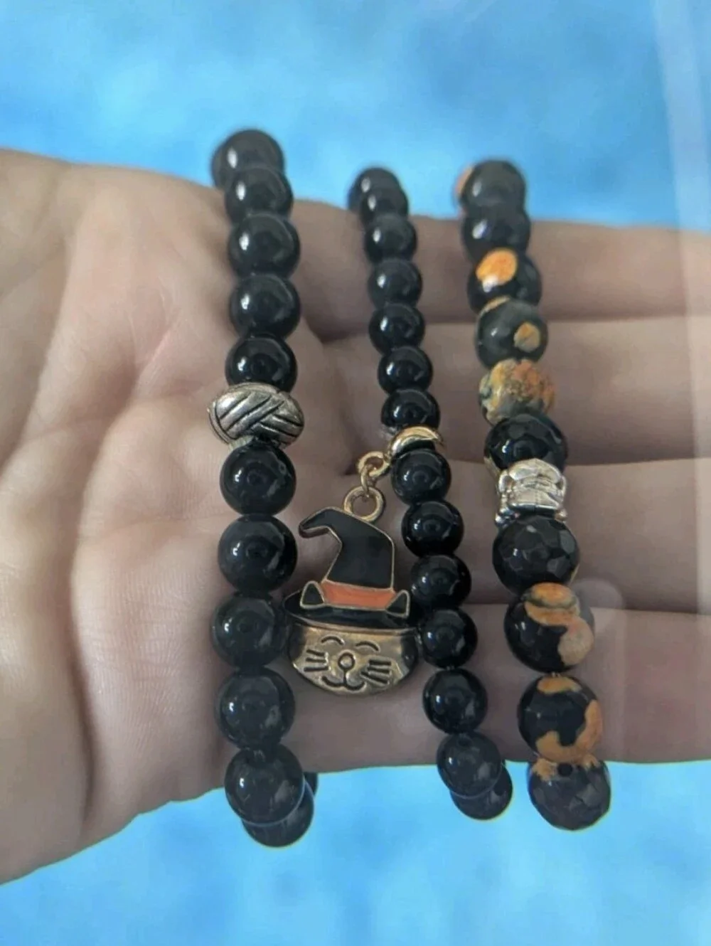 Halloween Themed Handmade Beaded Elastic Bracelet Lot Of 3